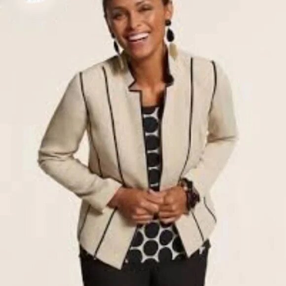 Chico's Contrast Pipe Jacket with Polka Dot Liner Women's Size 8 M Tan & Black - Picture 1 of 13